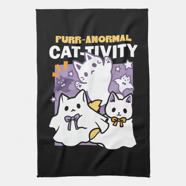 Purr-anormal Cat-tivity - Halloween Cat Design Tea Towel (Vertical)