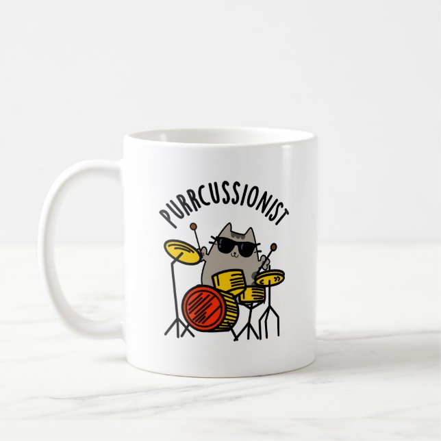 Purr-cussionist Funny Drummer Cat Pun  Coffee Mug (Left)