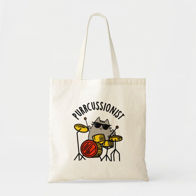 Purr-cussionist Funny Drummer Cat Pun Tote Bag (Front)