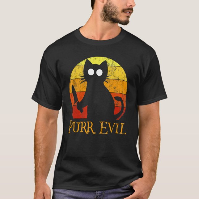 Purr Evil Halloween Gory Cat With Knife T-Shirt (Front)