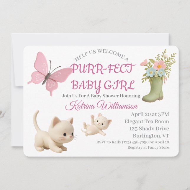 Purr-fect Baby Girl Kitten Baby Shower Invitation (Front)