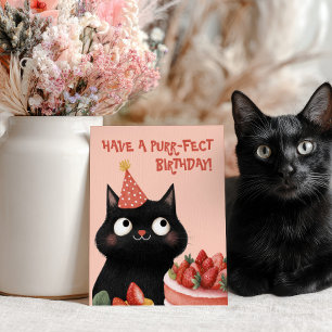 Purr-fect Black Cat Cute Feline Pink Birthday Postcard