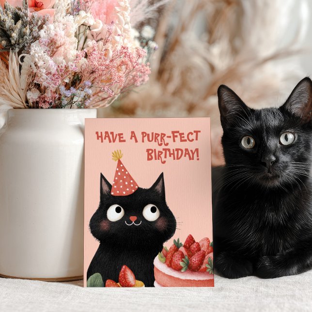Purr-fect Black Cat Cute Feline Pink Birthday Postcard (Creator Uploaded)
