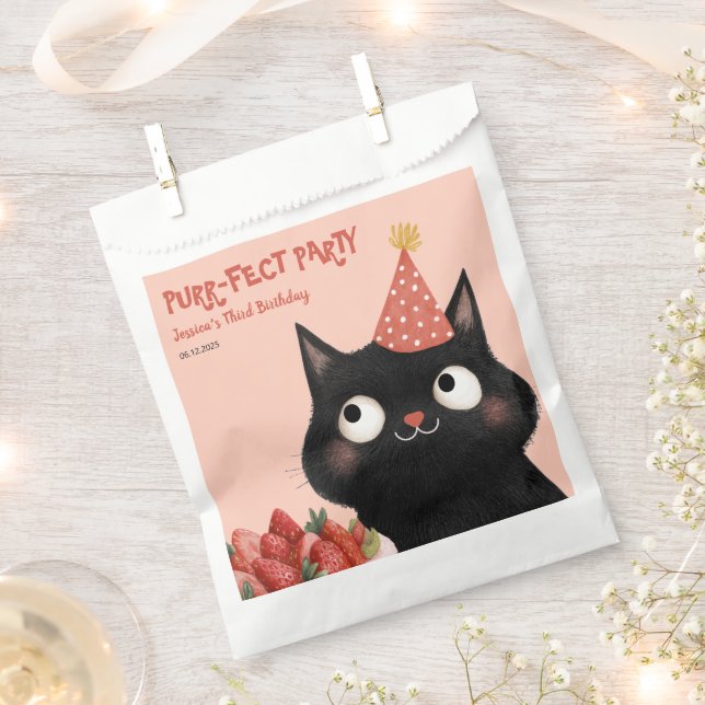 Purr-fect Black Kitten Pink Kids’ Birthday Party  Favour Bag (Clipped)
