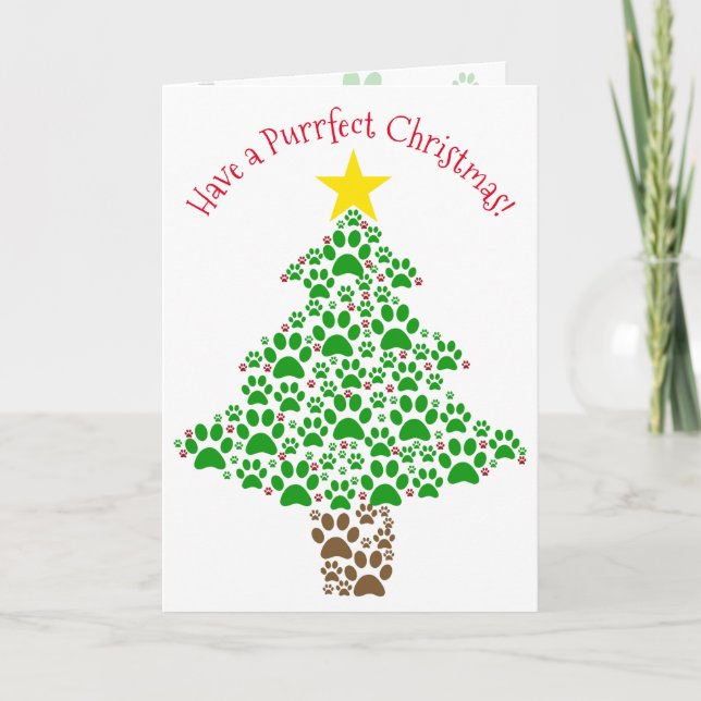 Purr-fect Christmas Fun Paw Print Tree Cat Lover Holiday Card (Front)