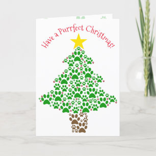 Purr-fect Christmas Fun Paw Print Tree Cat Lover Holiday Card