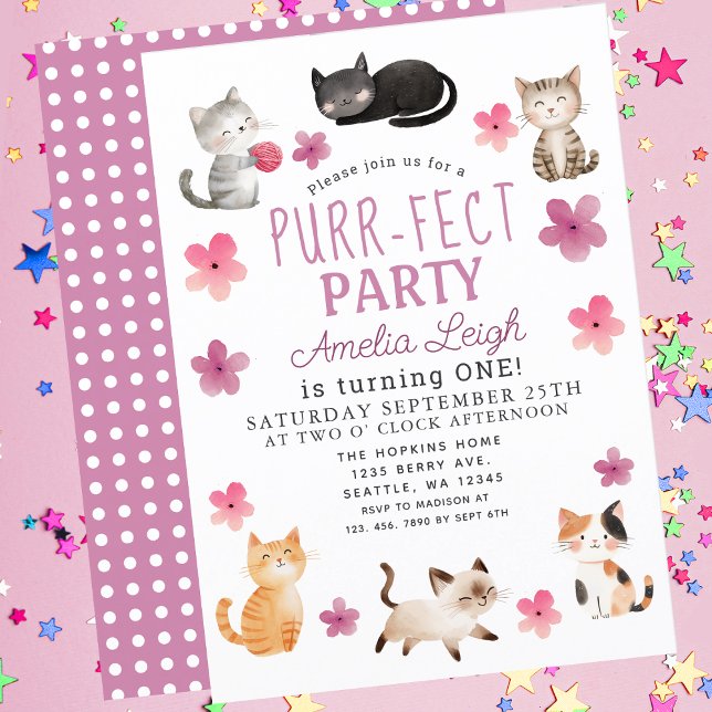 Purr-fect Cute Cats Floral Girl 1st Birthday Invitation (Creator Uploaded)