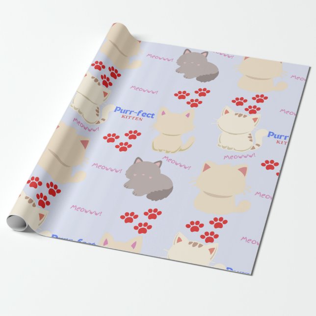 Purr-fect Kitten Cute Cats and Paw Prints Wrapping Paper (Unrolled)