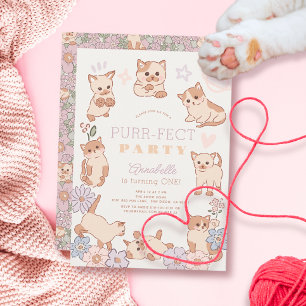 Purr-fect Party Cute Cats Floral Girl 1st Birthday Invitation