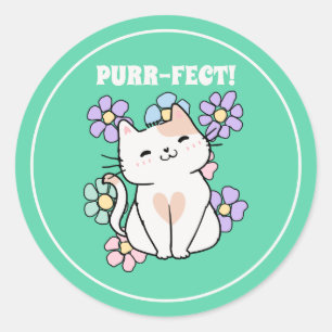PURR-FECT! Smiling Cat with Flowers Classic Round Sticker