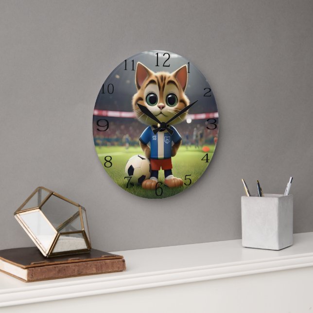 "Purr-fect Striker: The 3D Soccer Cat" Large Clock (Office)