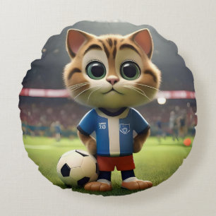 "Purr-fect Striker: The 3D Soccer Cat" Round Cushion