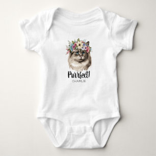 Purr-fect Watercolor Cat Funny Pun Monogram Name Baby Bodysuit