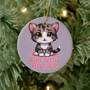 Purr-fectly Adorable Chibi Kawaii Kitten in Pink Ceramic Ornament
