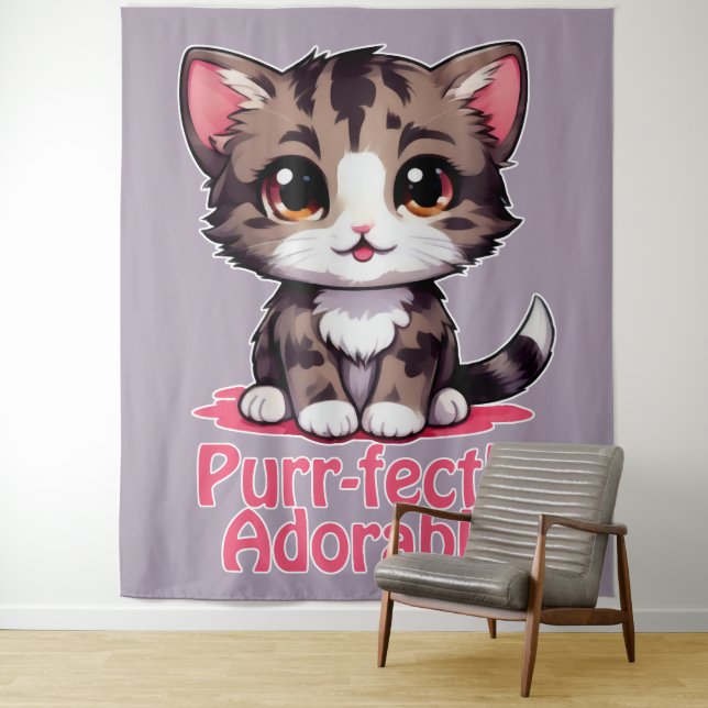 Purr-fectly Adorable Chibi Kawaii Kitten in Pink Tapestry (In Situ)