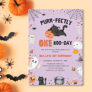 Purr-fectly One Boo-day Cat Halloween 1st Birthday Invitation