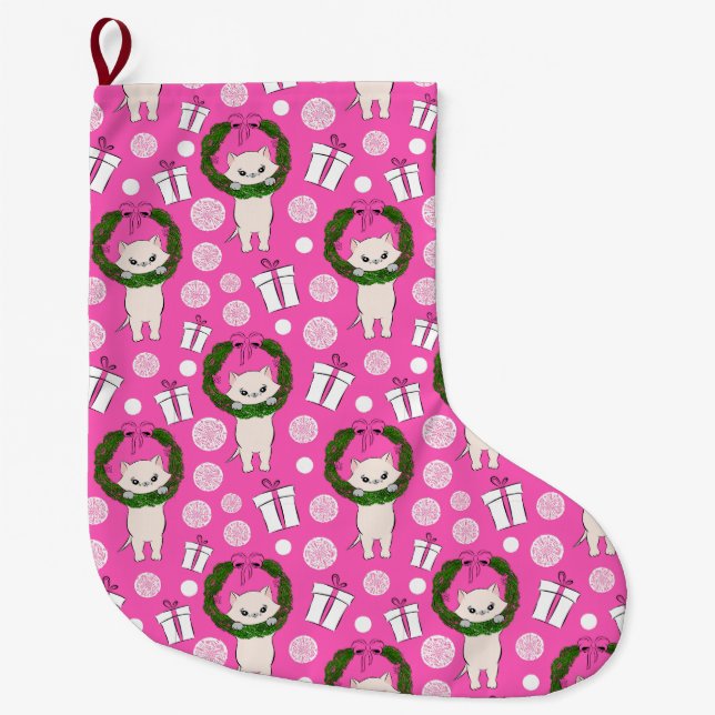 Purr-fectly Pink Kitty Large Christmas Stocking (Front)