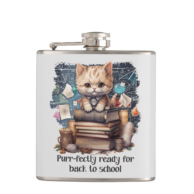 Purr-fectly Ready For Back To School Hip Flask (Front)