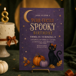 Purr-fectly Spooky Black Cat Halloween Birthday Invitation