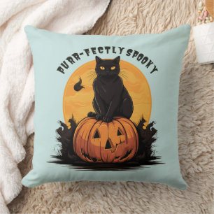 Purr-fectly Spooky Black Cat on Pumpkin Halloween Cushion