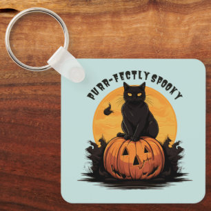 Purr-fectly Spooky Black Cat on Pumpkin Halloween Key Ring