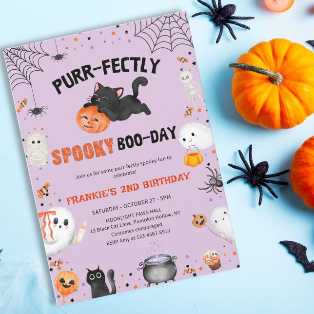 Purr-fectly Spooky Boo-day Cat Halloween Birthday Invitation (Creator Uploaded)