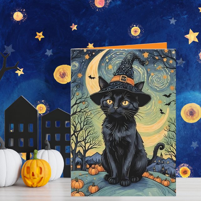 Purr-fectly Spooky Night van Gogh Style Halloween  Holiday Card (The purr-fect Halloween card inspired by Vincent van Gogh's iconic "Starry Night" painting! )
