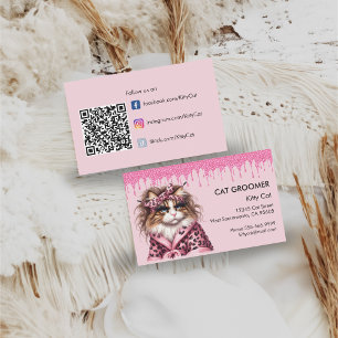 Purr-fessional Cat Groomer Sitter Pink Glitter Business Card