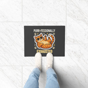 Purr-fessionally Exhausted Funny Lazy Cat T-Shirt Doormat