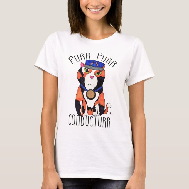 Purr Fun Calico Cat Train Conductor T-Shirt (Front)