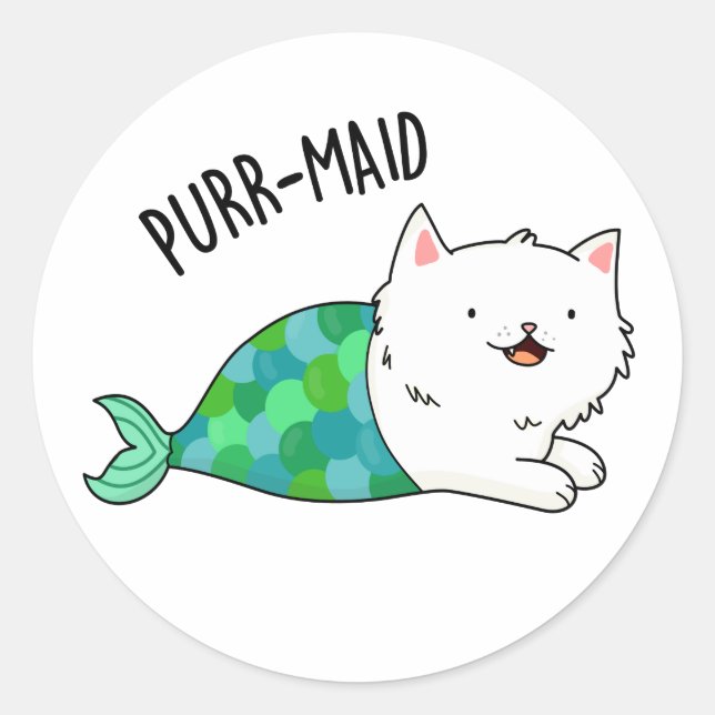 Purr-maid Funny Kitty Cat Mermaid Pun  Classic Round Sticker (Front)