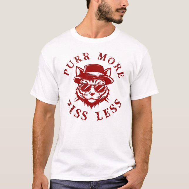 Purr More Hiss Less Red Retro Cool Cat T-Shirt (Front)