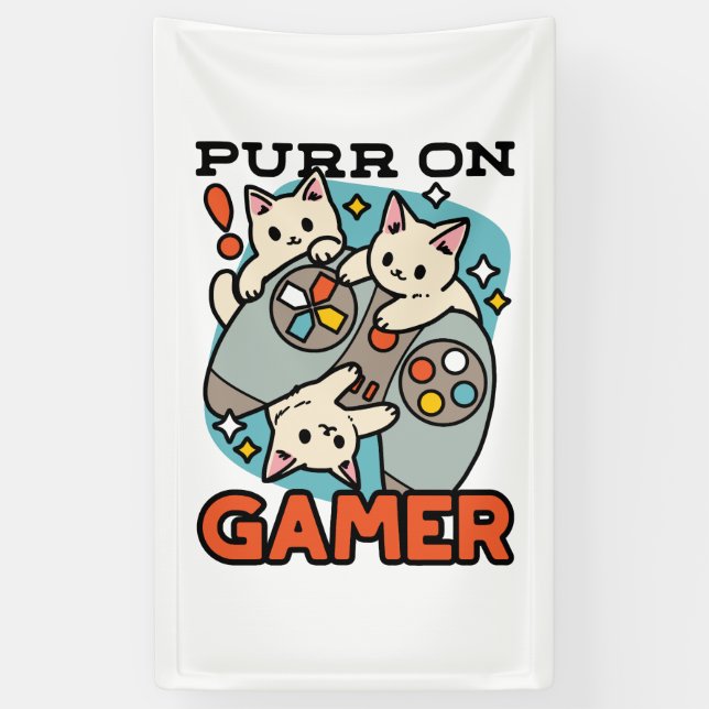 Purr On Gamer - Cute Cat Gaming Design Banner (Vertical)