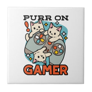 Purr On Gamer - Cute Cat Gaming Design Ceramic Tile