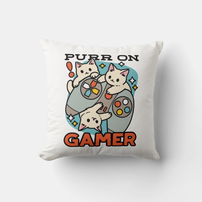 Purr On Gamer - Cute Cat Gaming Design Cushion (Front)