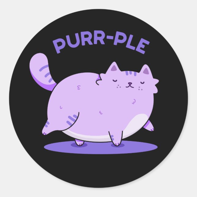 Purr-ple Funny Fat Kitty Cat Pun Dark BG Classic Round Sticker (Front)