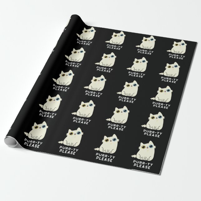 Purr-ty Please Funny Kitty Cat Pun Dark BG Wrapping Paper (Unrolled)