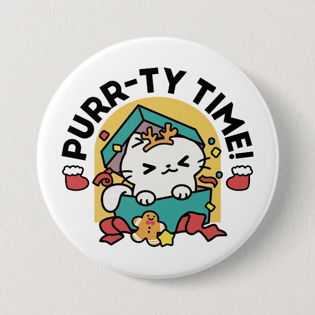 Purr-ty Time! - Festive Cat Christmas Design 7.5 Cm Round Badge (Front)