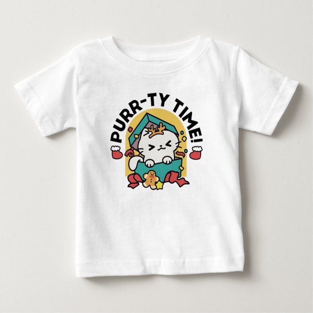 Purr-ty Time! - Festive Cat Christmas Design Baby T-Shirt (Front)