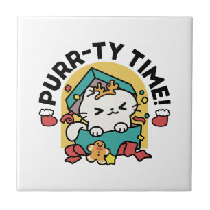 Purr-ty Time! - Festive Cat Christmas Design Ceramic Tile