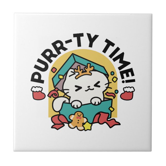 Purr-ty Time! - Festive Cat Christmas Design Ceramic Tile (Front)