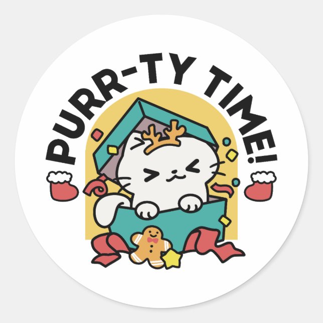 Purr-ty Time! - Festive Cat Christmas Design Classic Round Sticker (Front)