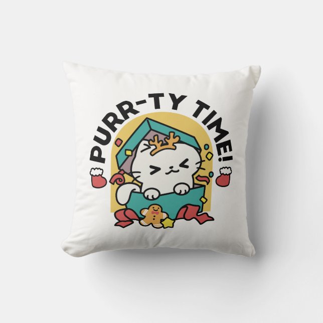 Purr-ty Time! - Festive Cat Christmas Design Cushion (Front)