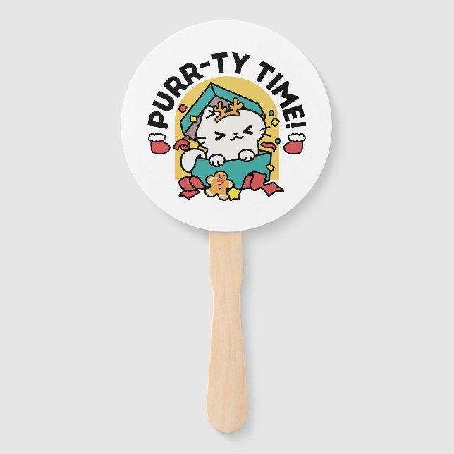 Purr-ty Time! - Festive Cat Christmas Design Hand Fan (Front)