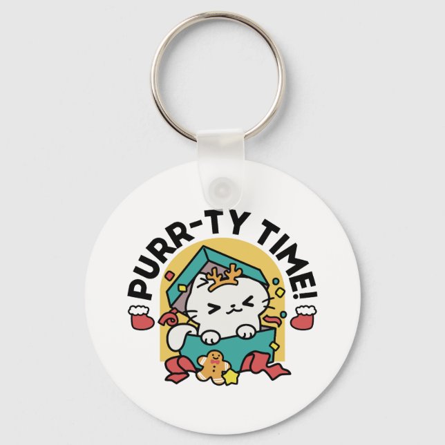 Purr-ty Time! - Festive Cat Christmas Design Key Ring (Front)