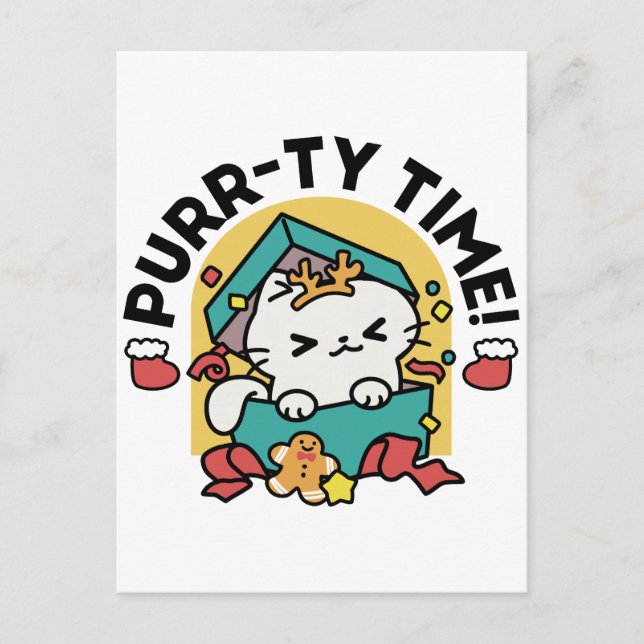 Purr-ty Time! - Festive Cat Christmas Design Postcard (Front)