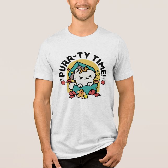 Purr-ty Time! - Festive Cat Christmas Design Tri-Blend Shirt (Front)