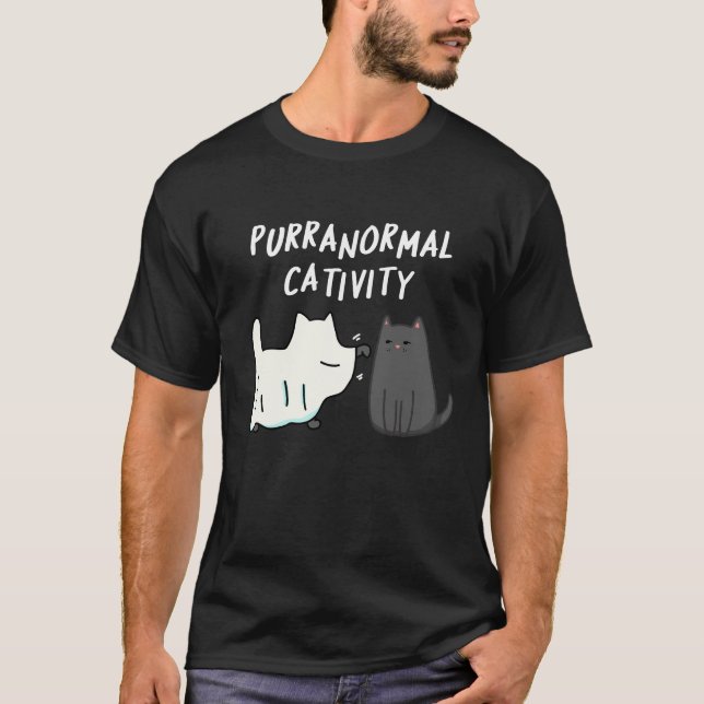 Purranormal Cativity Halloween Cat Pun Dark BG T-Shirt (Front)