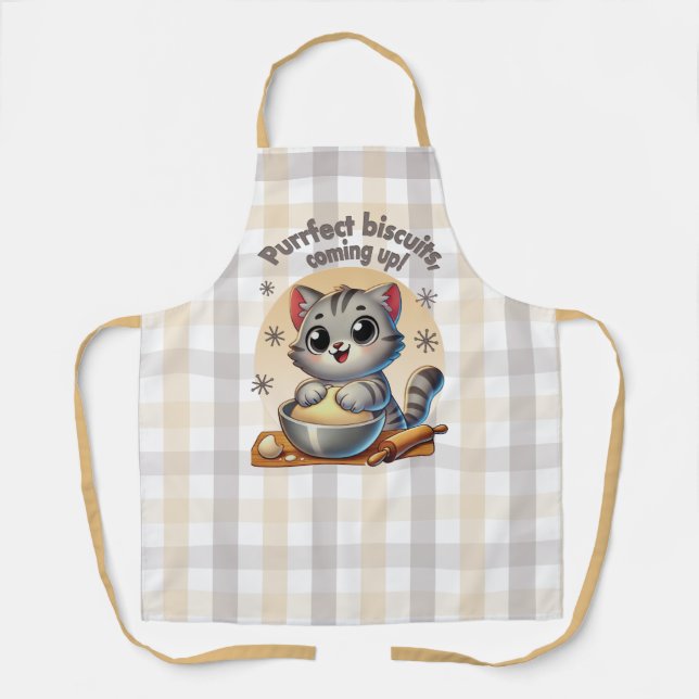 "Purrfect biscuits, coming up" Kneading Cat Apron (Front)
