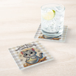 "Purrfect biscuits, coming up" Kneading Cat Glass Coaster